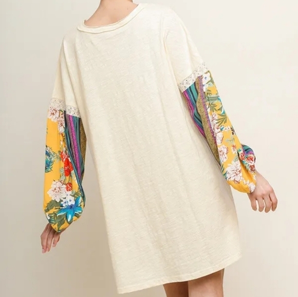 Umgee Dress Medium Cream With Tropical Floral Puff Sleeves 100% Cotton Boho - Picture 4 of 12